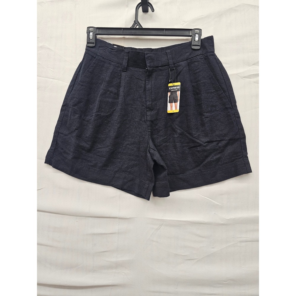 Express Womens Black Linen Blend Pleated Shorts Elastic Back EX008242 Size 8 NEW